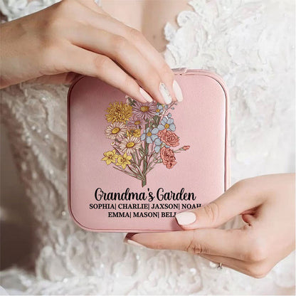 Personalized Vintage Birth Flower Jewelry Box, Custom Name Leather Travel Jewelry Case, Birthday/Mother's Day/Anniversary Gift for Mom/Grandmom/Her