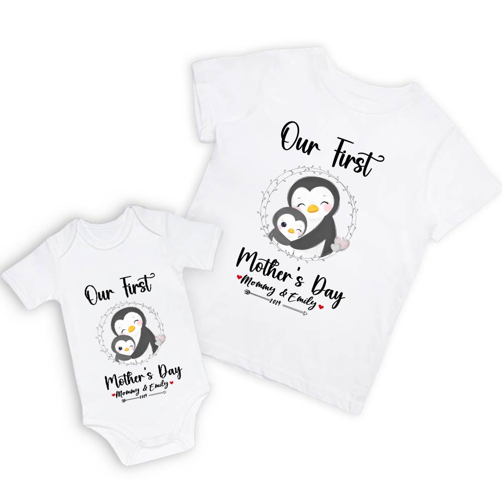 Our First Mother's Day Mom and Baby Set/Matching Shirt, Mummy and Baby Gift, Mama Baby Penguins, T-shirt Bodysuit Romper Babygrow Vest Set, New Mom Gift, Mother's Day Gift