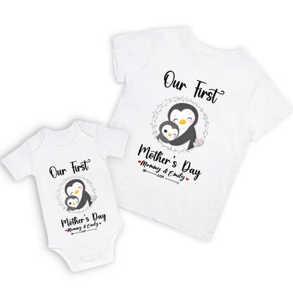 Our First Mother's Day Mom and Baby Set/Matching Shirt, Mummy and Baby Gift, Mama Baby Penguins, T-shirt Bodysuit Romper Babygrow Vest Set, New Mom Gift, Mother's Day Gift