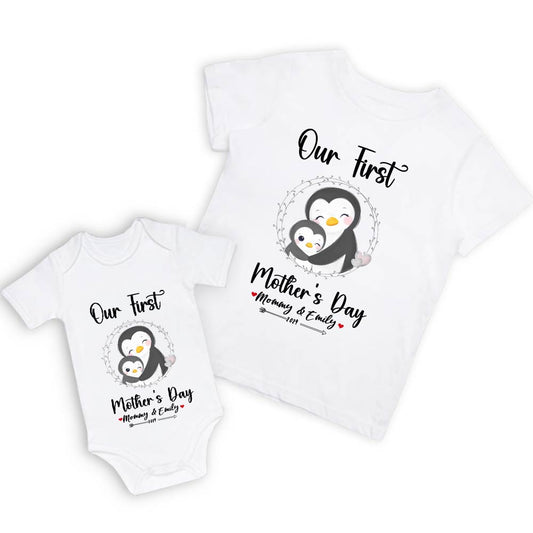 Our First Mother's Day Mom and Baby Set/Matching Shirt, Mummy and Baby Gift, Mama Baby Penguins, T-shirt Bodysuit Romper Babygrow Vest Set, New Mom Gift, Mother's Day Gift