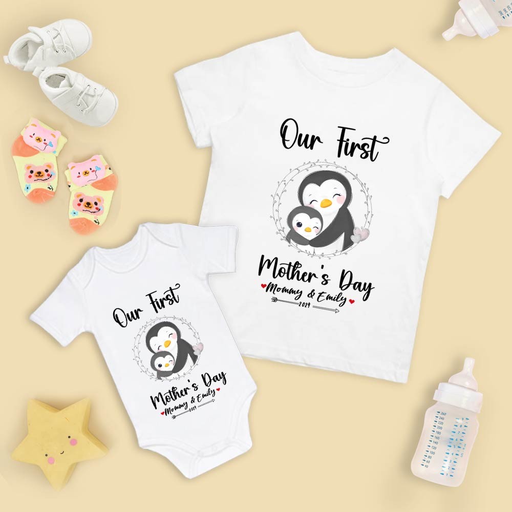 Our First Mother's Day Mom and Baby Set/Matching Shirt, Mummy and Baby Gift, Mama Baby Penguins, T-shirt Bodysuit Romper Babygrow Vest Set, New Mom Gift, Mother's Day Gift