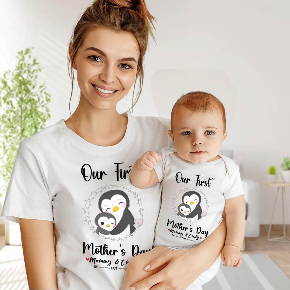 Our First Mother's Day Mom and Baby Set/Matching Shirt, Mummy and Baby Gift, Mama Baby Penguins, T-shirt Bodysuit Romper Babygrow Vest Set, New Mom Gift, Mother's Day Gift