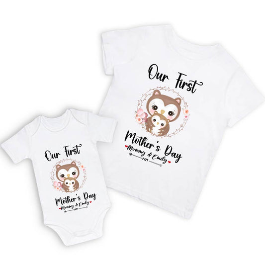 Our First Mother's Day Mom and Baby Set/Matching Shirt, Mummy and Baby Gift, Mama Baby Owls, T-shirt Bodysuit Romper Babygrow Vest Set, New Mom Gift, Mother's Day Gift