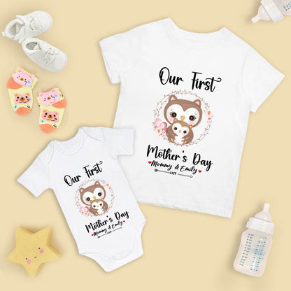 Our First Mother's Day Mom and Baby Set/Matching Shirt, Mummy and Baby Gift, Mama Baby Owls, T-shirt Bodysuit Romper Babygrow Vest Set, New Mom Gift, Mother's Day Gift