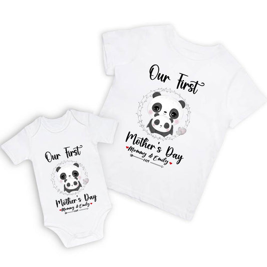 Our First Mother's Day Mom and Baby Set/Matching Shirt, Mummy and Baby Gift, Mama Baby Pandas, T-shirt Bodysuit Romper Babygrow Vest Set, New Mom Gift, Mother's Day Gift