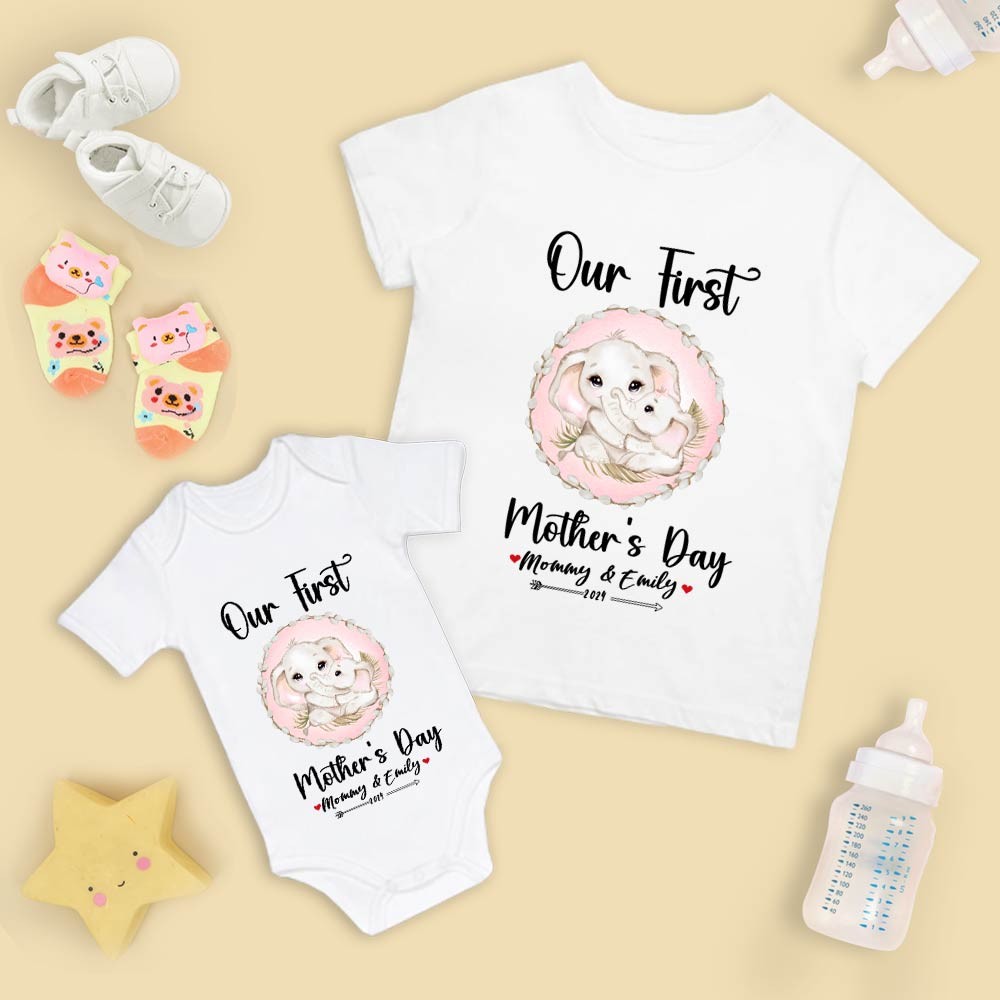 Our First Mother's Day Mom and Baby Set/Matching Shirt, Mummy and Baby Gift, Mama Baby Elephants, T-shirt Bodysuit Romper Babygrow Vest Set, New Mom Gift, Mother's Day Gift