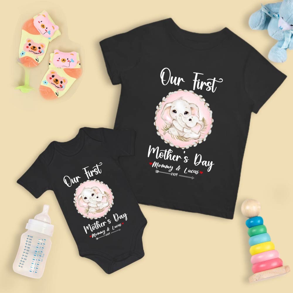 Our First Mother's Day Mom and Baby Set/Matching Shirt, Mummy and Baby Gift, Mama Baby Elephants, T-shirt Bodysuit Romper Babygrow Vest Set, New Mom Gift, Mother's Day Gift