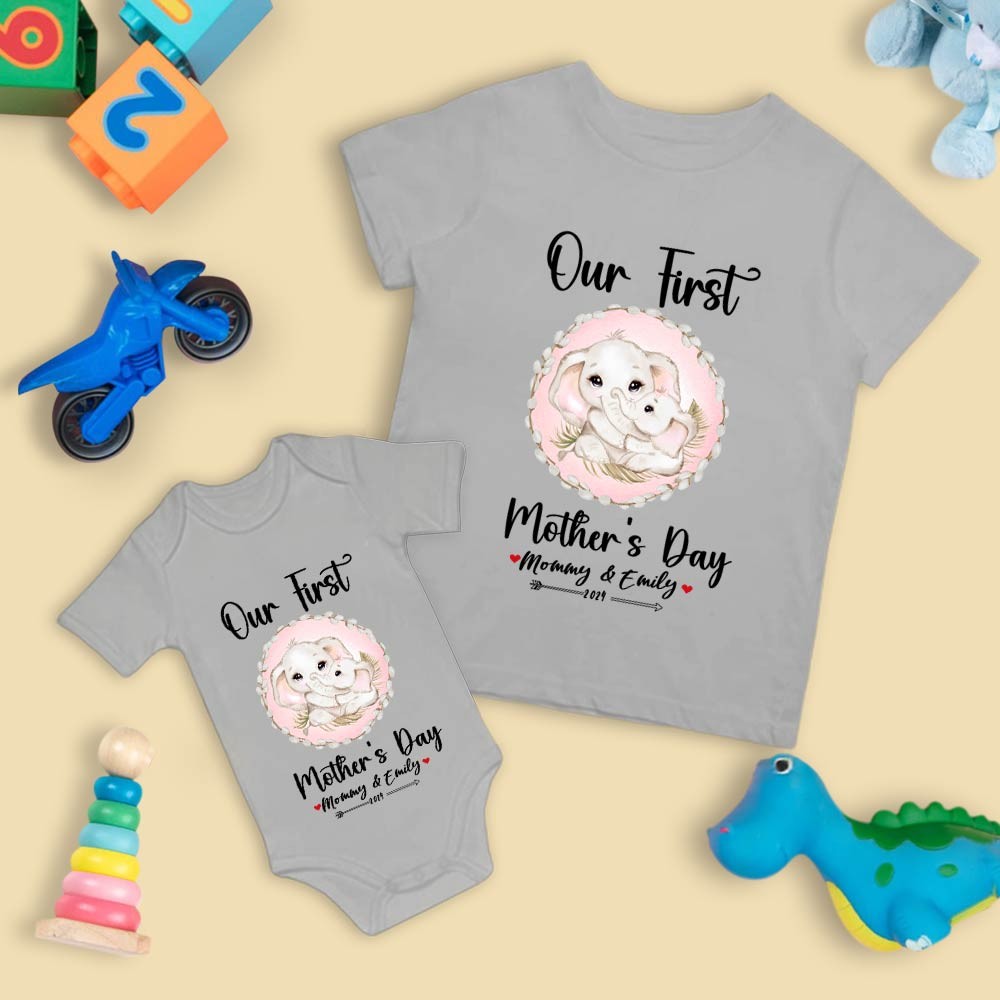 Our First Mother's Day Mom and Baby Set/Matching Shirt, Mummy and Baby Gift, Mama Baby Elephants, T-shirt Bodysuit Romper Babygrow Vest Set, New Mom Gift, Mother's Day Gift