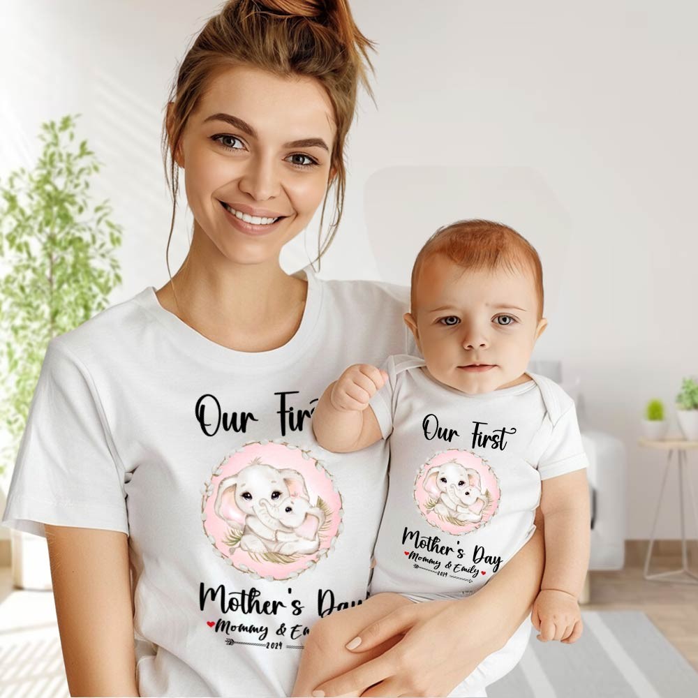 Our First Mother's Day Mom and Baby Set/Matching Shirt, Mummy and Baby Gift, Mama Baby Elephants, T-shirt Bodysuit Romper Babygrow Vest Set, New Mom Gift, Mother's Day Gift