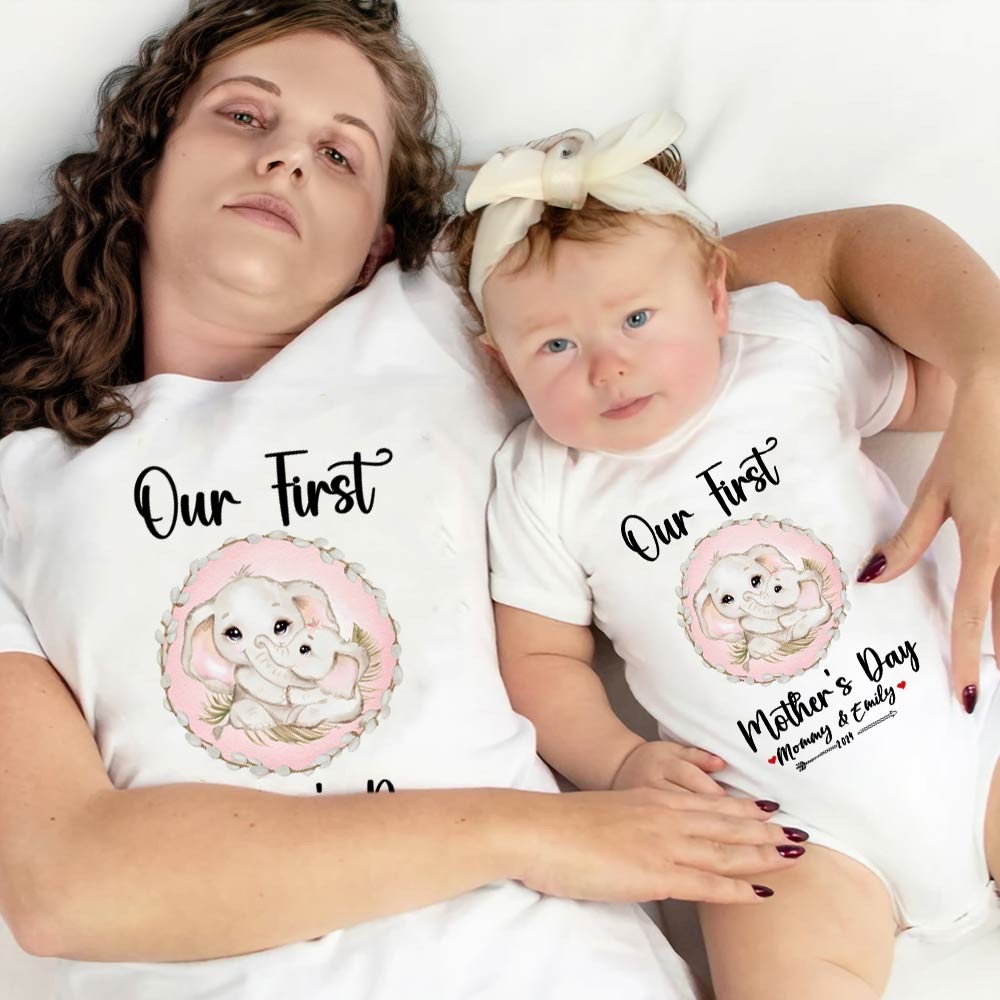 Our First Mother's Day Mom and Baby Set/Matching Shirt, Mummy and Baby Gift, Mama Baby Elephants, T-shirt Bodysuit Romper Babygrow Vest Set, New Mom Gift, Mother's Day Gift