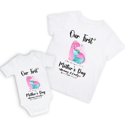 Our First Mother's Day Mom and Baby Set/Matching Shirt, Mummy and Baby Gift, Mama Baby Dinosaurs, T-shirt Bodysuit Romper Babygrow Vest Set, New Mom Gift, Mother's Day Gift