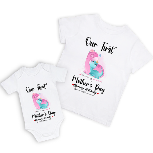 Our First Mother's Day Mom and Baby Set/Matching Shirt, Mummy and Baby Gift, Mama Baby Dinosaurs, T-shirt Bodysuit Romper Babygrow Vest Set, New Mom Gift, Mother's Day Gift