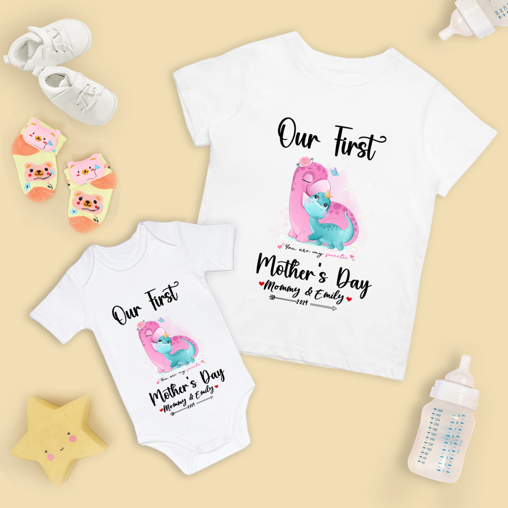 Our First Mother's Day Mom and Baby Set/Matching Shirt, Mummy and Baby Gift, Mama Baby Dinosaurs, T-shirt Bodysuit Romper Babygrow Vest Set, New Mom Gift, Mother's Day Gift
