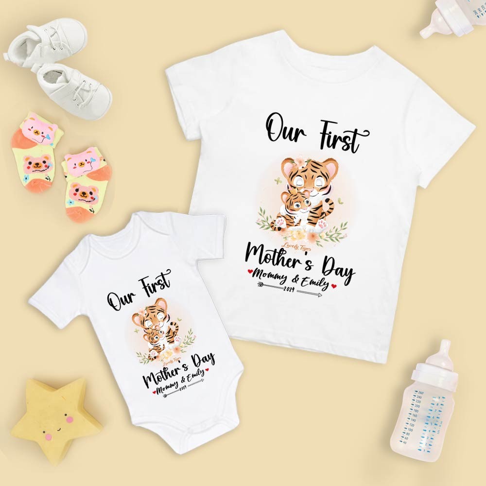 Our First Mother's Day Mom and Baby Set/Matching Shirt, Mummy and Baby Gift, Mama Baby Tigers, T-shirt Bodysuit Romper Babygrow Vest Set, New Mom Gift, Mother's Day Gift