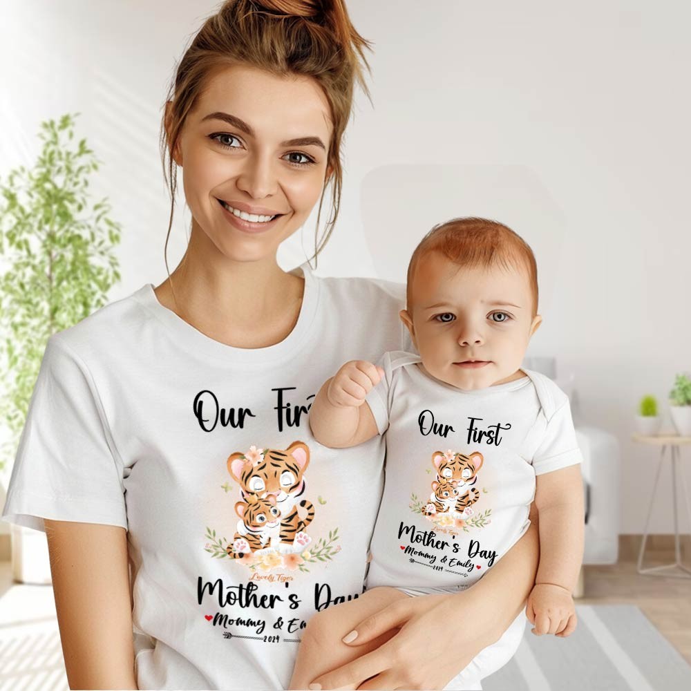 Our First Mother's Day Mom and Baby Set/Matching Shirt, Mummy and Baby Gift, Mama Baby Tigers, T-shirt Bodysuit Romper Babygrow Vest Set, New Mom Gift, Mother's Day Gift