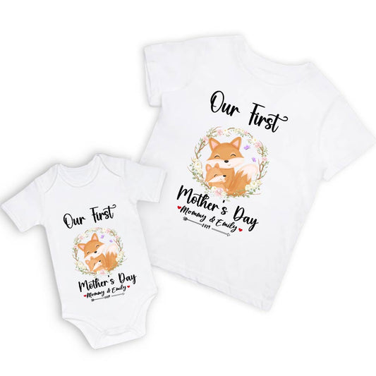 Our First Mother's Day Mom and Baby Set/Matching Shirt, Mummy and Baby Gift, Mama Baby Foxes, T-shirt Bodysuit Romper Babygrow Vest Set, New Mom Gift, Mother's Day Gift