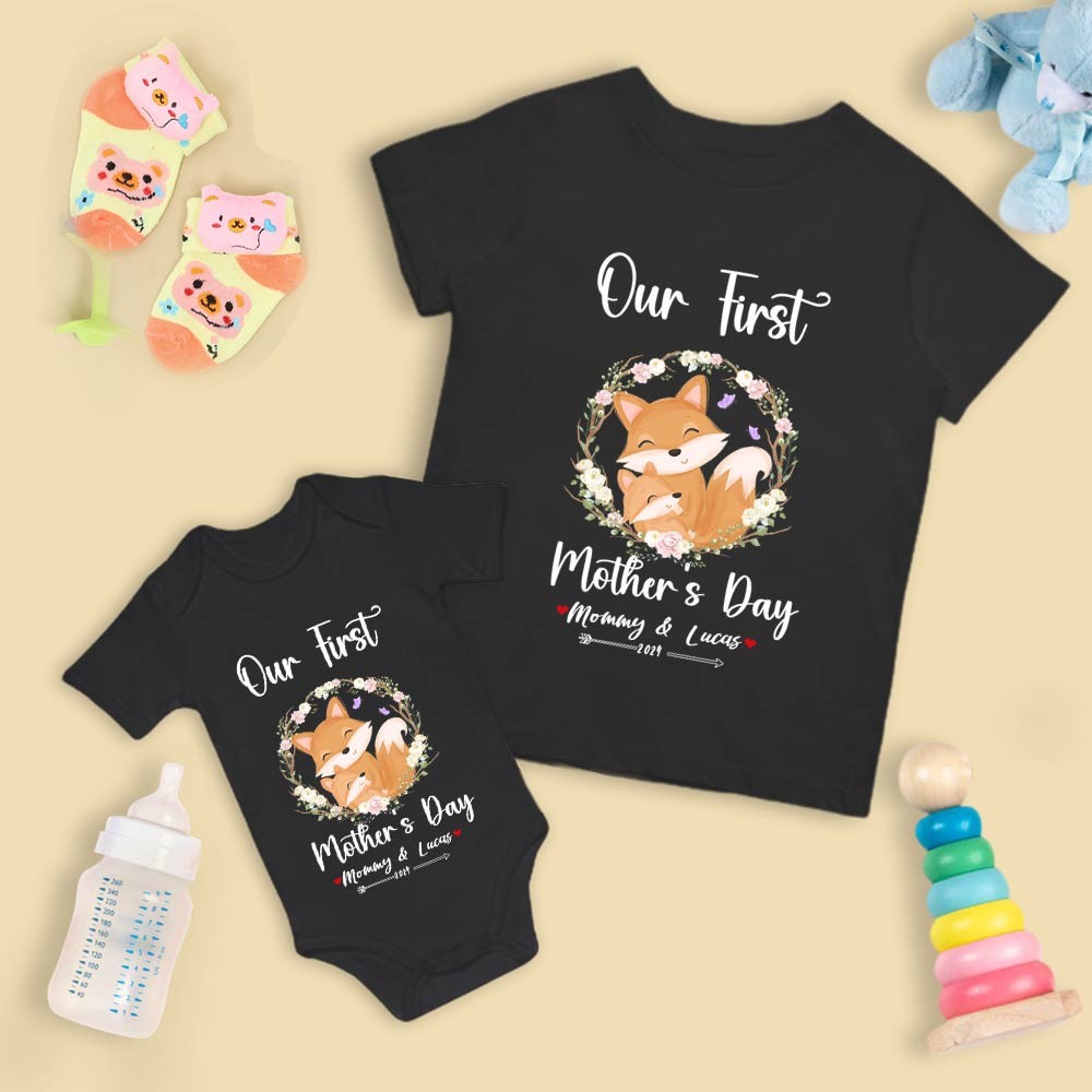 Our First Mother's Day Mom and Baby Set/Matching Shirt, Mummy and Baby Gift, Mama Baby Foxes, T-shirt Bodysuit Romper Babygrow Vest Set, New Mom Gift, Mother's Day Gift