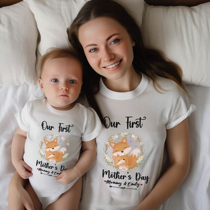 Our First Mother's Day Mom and Baby Set/Matching Shirt, Mummy and Baby Gift, Mama Baby Foxes, T-shirt Bodysuit Romper Babygrow Vest Set, New Mom Gift, Mother's Day Gift