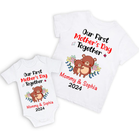 Personalized Animals/Pattern T-shirt and Baby Onesie, Our First Mother's Day Mom and Baby Set 100% Cotton, Holiday Party Gift for Newborn New Mom