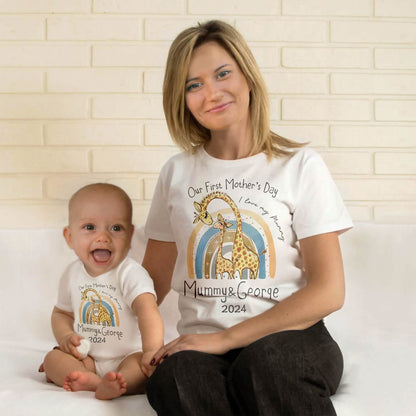Personalized Animals/Pattern T-shirt and Baby Onesie, Our First Mother's Day Mom and Baby Set 100% Cotton, Holiday Party Gift for Newborn New Mom