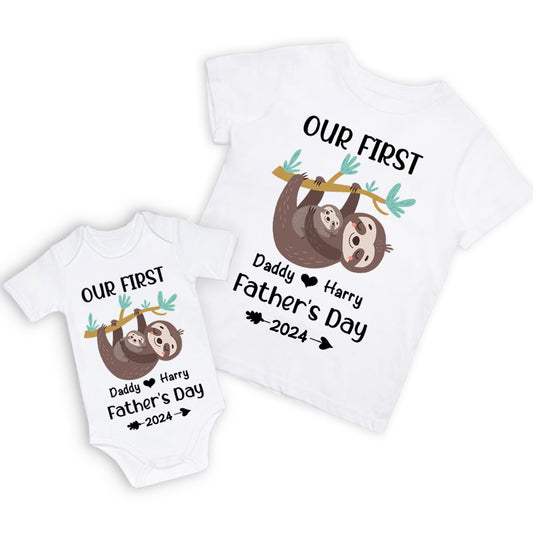 Custom Sloth Name Parent-child Shirt, Our First Father's Day Shirt, Cotton T-shirt/Rompers, Birthday/Father's Gift for Dad/Grandpa
