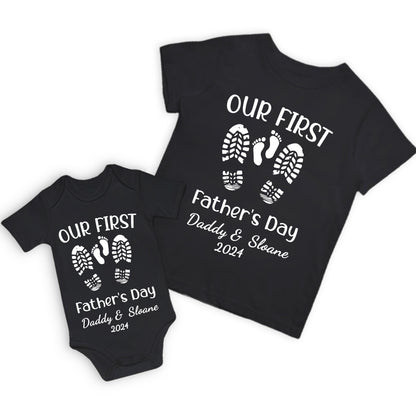 Personalized Name Footprint Parent-Child Shirts, Father Son Matching Shirts, Cotton T-Shirt and Bodysuit, Father's Day Gift, Gift for Dad/Newborn/Baby