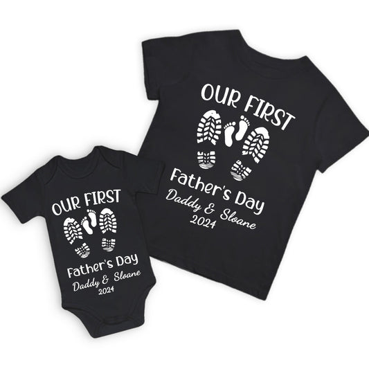 Personalized Name Footprint Parent-Child Shirts, Father Son Matching Shirts, Cotton T-Shirt and Bodysuit, Father's Day Gift, Gift for Dad/Newborn/Baby