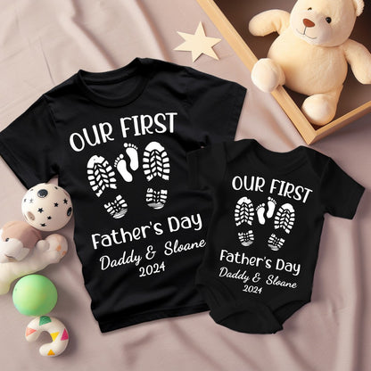 Personalized Name Footprint Parent-Child Shirts, Father Son Matching Shirts, Cotton T-Shirt and Bodysuit, Father's Day Gift, Gift for Dad/Newborn/Baby