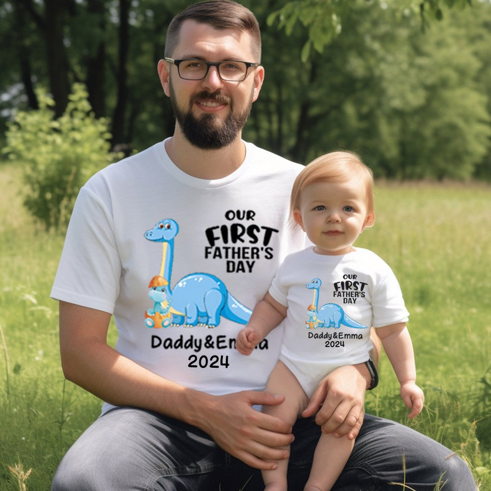 Personalized Brachiosaurus Name Parent-child T-Shirts, Our First Father's Day Shirt, Cotton Father & Baby Matching Shirts, Gift for Dad/Grandpa