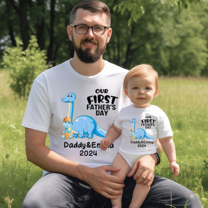 Personalized Brachiosaurus Name Parent-child T-Shirts, Our First Father's Day Shirt, Cotton Father & Baby Matching Shirts, Gift for Dad/Grandpa
