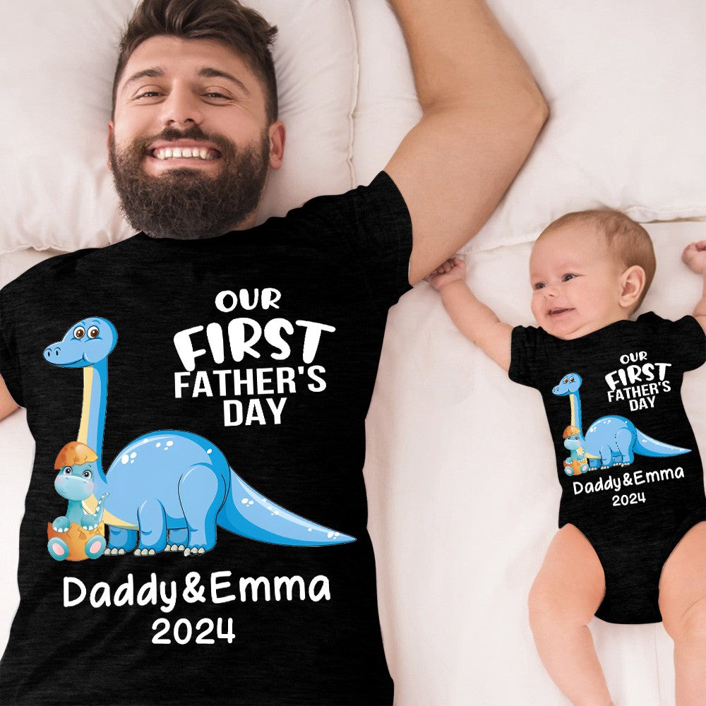 Personalized Brachiosaurus Name Parent-child T-Shirts, Our First Father's Day Shirt, Cotton Father & Baby Matching Shirts, Gift for Dad/Grandpa