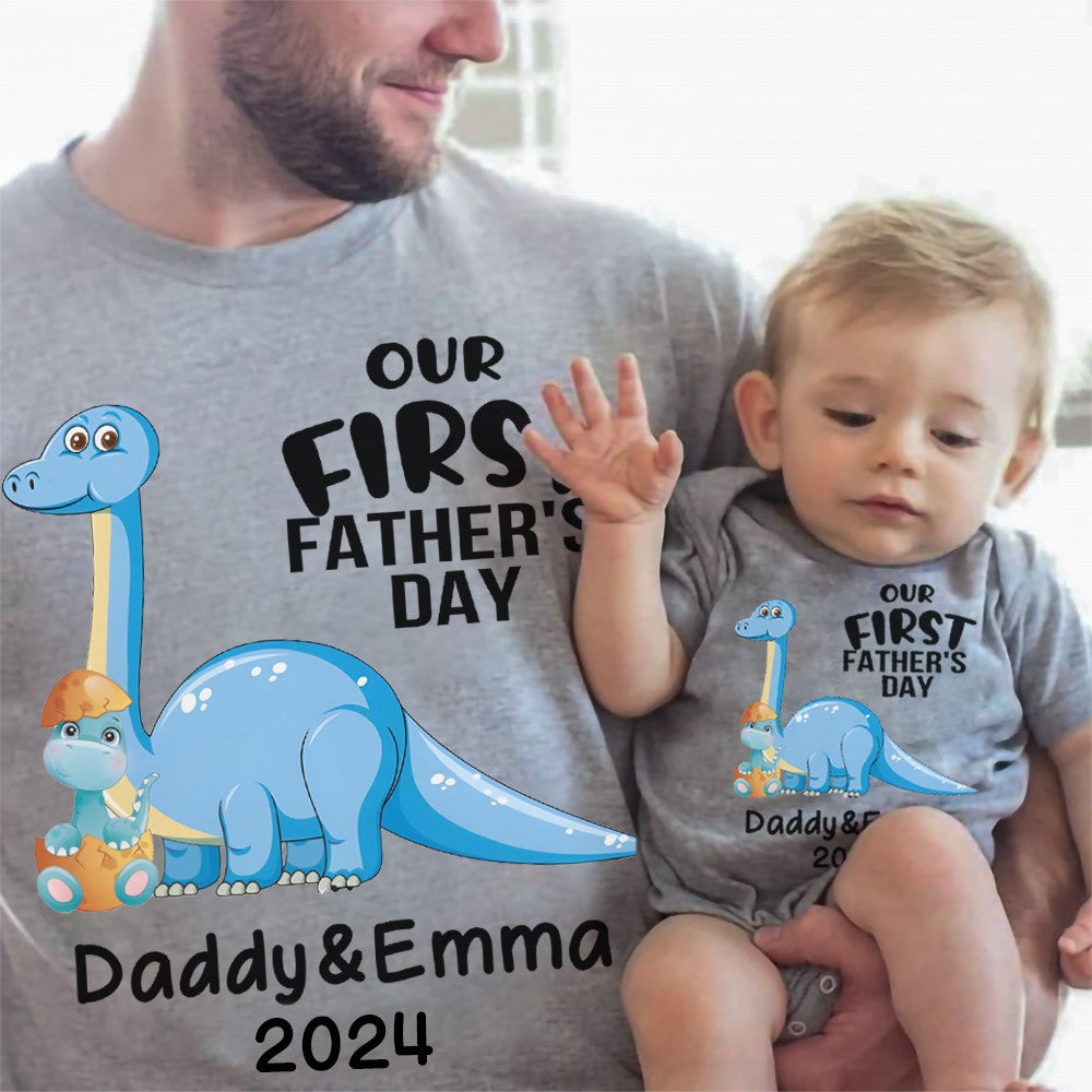 Personalized Brachiosaurus Name Parent-child T-Shirts, Our First Father's Day Shirt, Cotton Father & Baby Matching Shirts, Gift for Dad/Grandpa