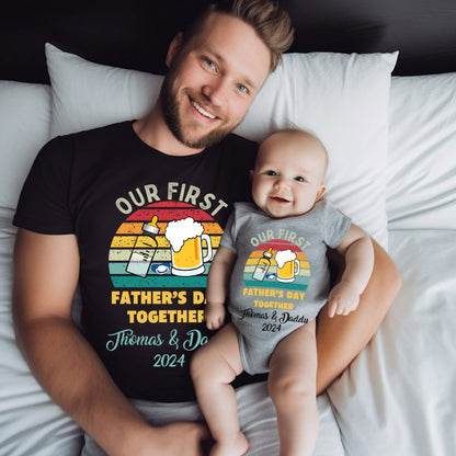 Personalized Beer & Bottle Matching Shirts, Our First Father's Day Together Shirt, Cotton T-shirts/Rompers, Family Shirts, Gifts for New Dads/Baby