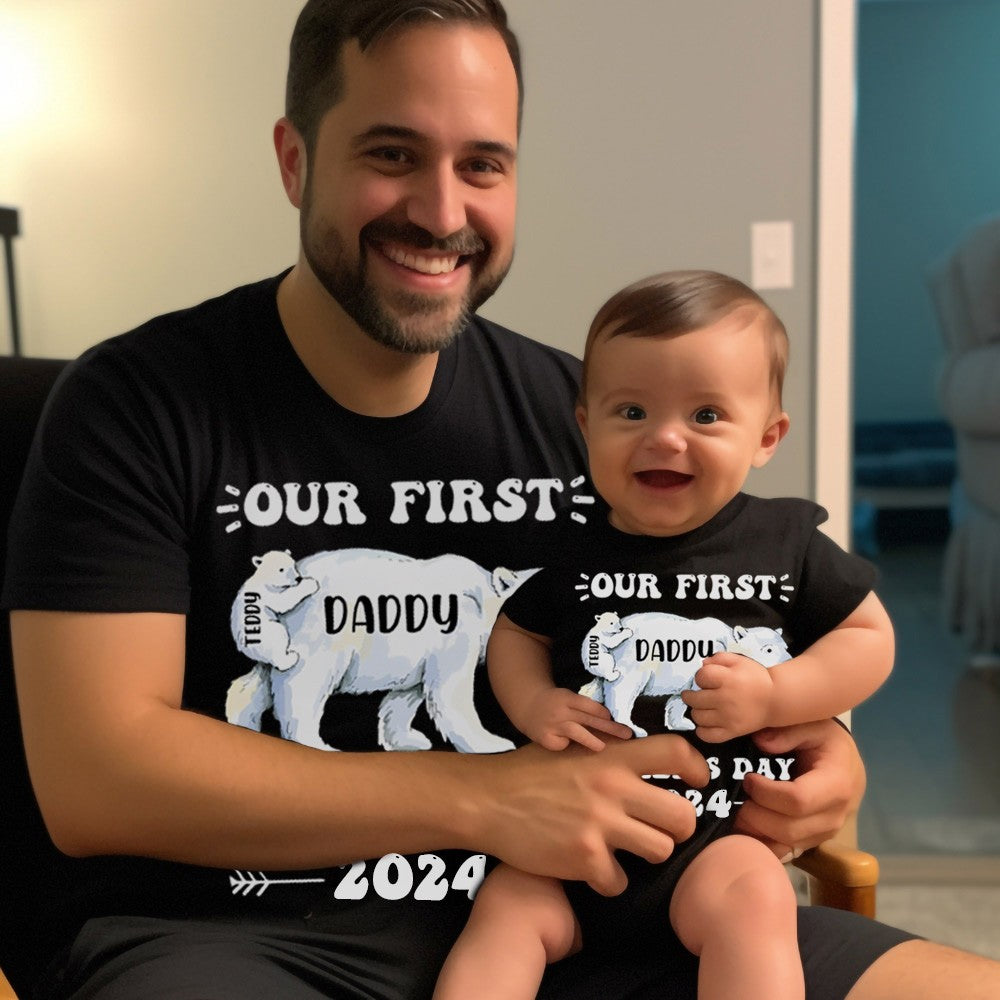 Personalized Daddy Polar Bear & Baby Polar Bear T-Shirt, Our First Father's Day Shirt, Polar Bear Shirts, Cotton Matching Shirt, Gift for Dad/Newborn