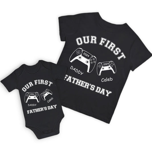 Customized Name Game Console Parent-child Shirt, Dad & Baby Matching Gaming Shirt, Cotton T-shirts/Rompers, Father's Day Gift for New Dads/Babys