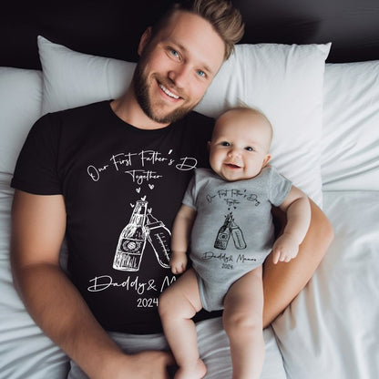 Custom Name Beer & Baby Bottle matching T-Shirts, Our First Father's Day Together Shirt, Cotton Shirt/Baby Bodysuit, Gift for Dad/Newborn/Baby
