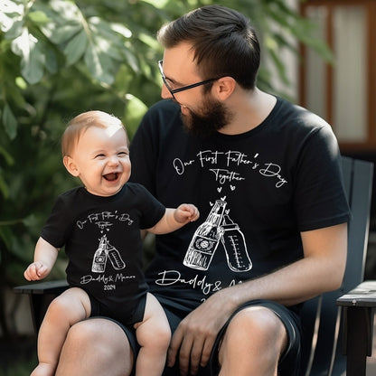 Custom Name Beer & Baby Bottle matching T-Shirts, Our First Father's Day Together Shirt, Cotton Shirt/Baby Bodysuit, Gift for Dad/Newborn/Baby
