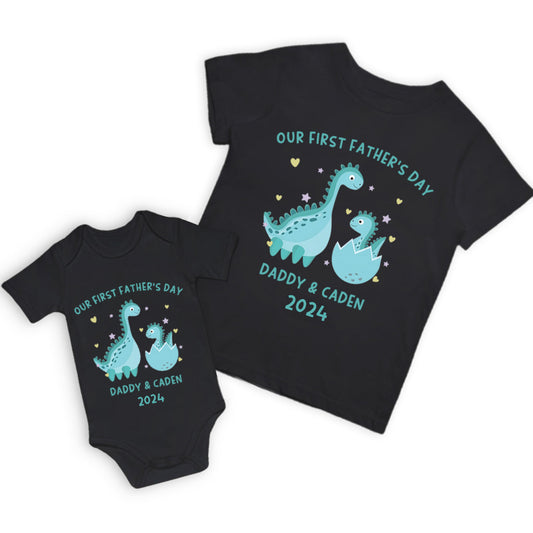 Customized Dinosaur Name Parent-child Shirt, Our First Father's Day Shirt, Cotton Father&Baby Bodysuit, Birthday/Father's Gift for Dad/Grandpa
