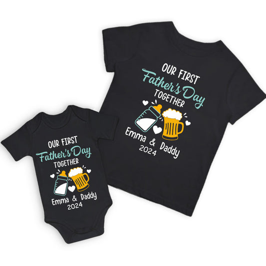 Personalized Beer & Bottle Matching Shirts, Our First Father's Day Together Shirt, Cotton Bodysuit, Father and Baby Shirt, Father's Day Gift for Dad