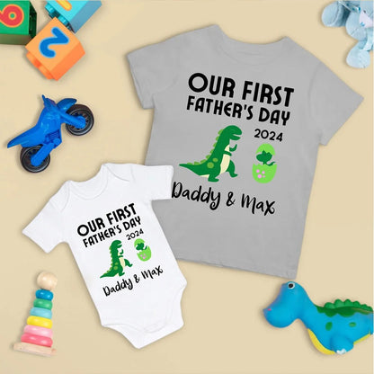 Custom Tyrannosaur T-Shirt, Our First Father's Day Shirt, Family Gift, Cotton Matching Shirt, Father's Day Gift, Gift for Dad/Baby