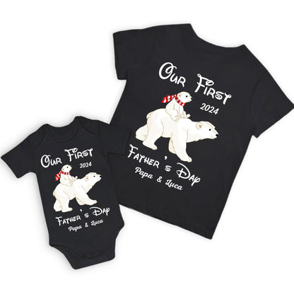 Custom Polar BearT-Shirt&Baby Rompers, Our First Father's Day Shirt, Family Gift, Cotton Matching Shirt, Father's Day Gift, Gift for Dad/Baby