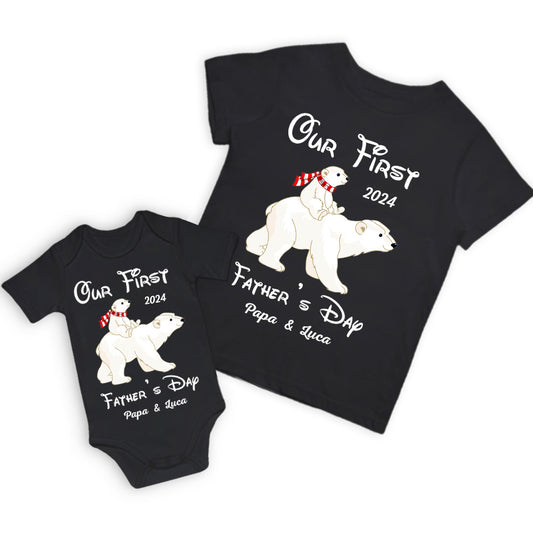 Custom Polar BearT-Shirt&Baby Rompers, Our First Father's Day Shirt, Family Gift, Cotton Matching Shirt, Father's Day Gift, Gift for Dad/Baby