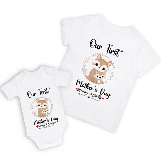 Our First Mother's Day Mom and Baby Set/Matching Shirt, Mummy and Baby Gift, Mama Baby Foxes, T-shirt Bodysuit Romper Babygrow Vest Set, New Mom Gift, Mother's Day Gift