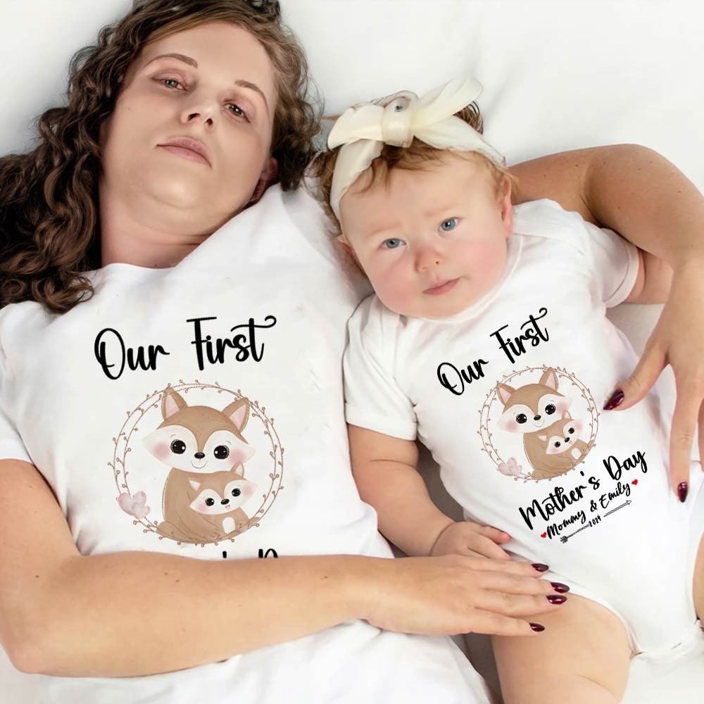 Our First Mother's Day Mom and Baby Set/Matching Shirt, Mummy and Baby Gift, Mama Baby Foxes, T-shirt Bodysuit Romper Babygrow Vest Set, New Mom Gift, Mother's Day Gift