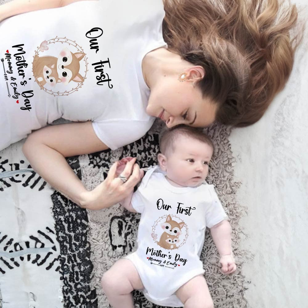 Our First Mother's Day Mom and Baby Set/Matching Shirt, Mummy and Baby Gift, Mama Baby Foxes, T-shirt Bodysuit Romper Babygrow Vest Set, New Mom Gift, Mother's Day Gift