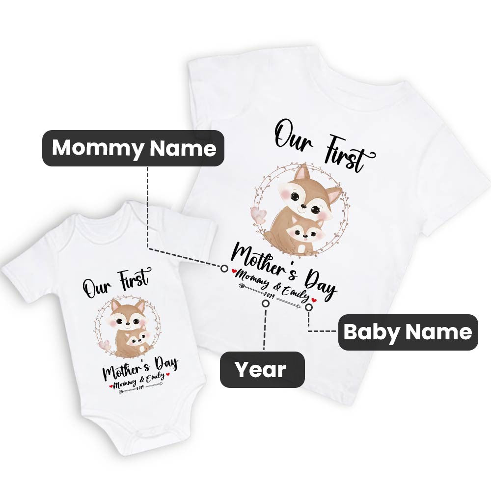 Our First Mother's Day Mom and Baby Set/Matching Shirt, Mummy and Baby Gift, Mama Baby Foxes, T-shirt Bodysuit Romper Babygrow Vest Set, New Mom Gift, Mother's Day Gift
