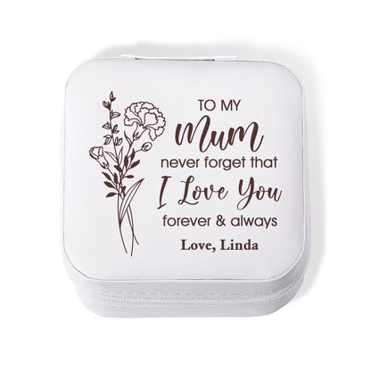 Custom Name Birth Flower Jewelry Travel Case, Vegan Leather Mom's Portable Jewelry Box, Birthday/Anniversary/Mother's Day Gift for Mom/Grandma/Wife