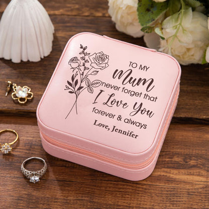 Custom Name Birth Flower Jewelry Travel Case, Vegan Leather Mom's Portable Jewelry Box, Birthday/Anniversary/Mother's Day Gift for Mom/Grandma/Wife