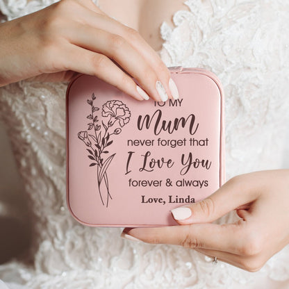 Custom Name Birth Flower Jewelry Travel Case, Vegan Leather Mom's Portable Jewelry Box, Birthday/Anniversary/Mother's Day Gift for Mom/Grandma/Wife