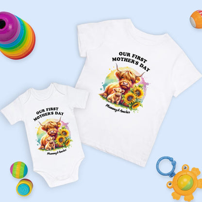 Custom Our First Mother's Day Mom & Baby Set Matching Shirts, Highland Cows Cotton Mummy T-shirt & Baby Bodysuit Set, New Mom Gift, Mother's Day Gift